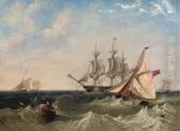 Naval Cutters Offshore With A Frigate Coming To Anchor, Probably Atspithead Oil Painting by John Wilson Carmichael