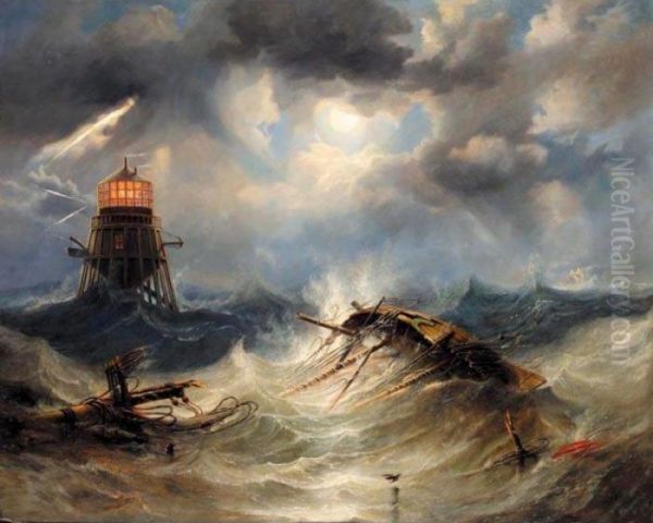 The Irwin Lighthouse, Storm Raging Oil Painting by John Wilson Carmichael