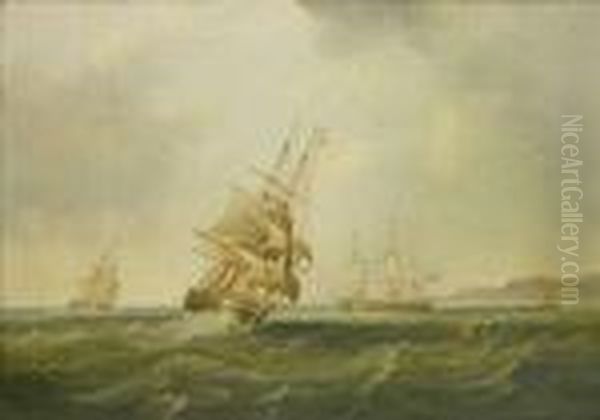 Attributed To John Wilson Carmichael 'shipping In The Estuary' Oil Painting by John Wilson Carmichael