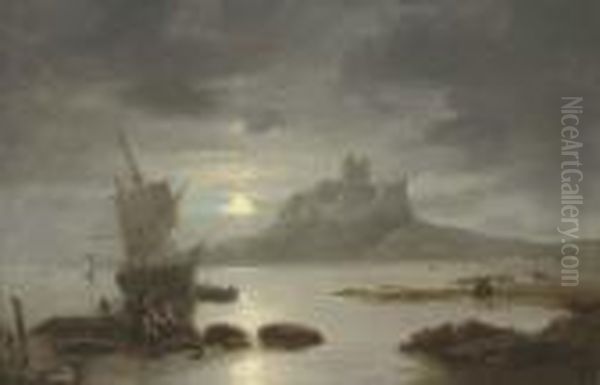 Bamburgh Castle By Moonlight, With Figures And Boats In Theforeground Oil Painting by John Wilson Carmichael