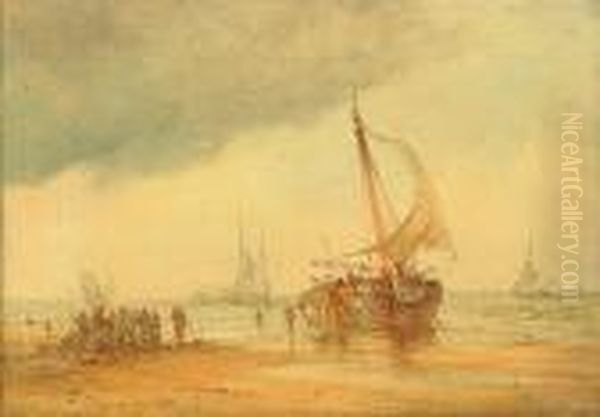 Dutch Barges Unloading On The Shore Oil Painting by John Wilson Carmichael