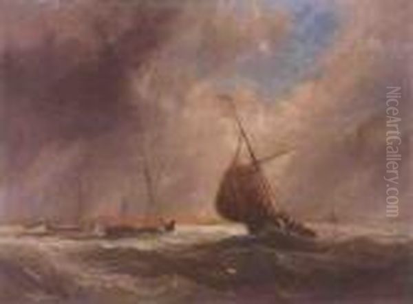 Dutch Barges Riding Out A Squall Off The Low Countries Oil Painting by John Wilson Carmichael