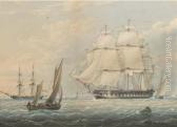 A Royal Naval Frigate Amidst Other Shipping At Spithead Oil Painting by John Wilson Carmichael