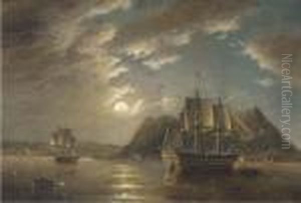 H.m.s. Minden 74, Off Gibraltar, Moonlight Oil Painting by John Wilson Carmichael