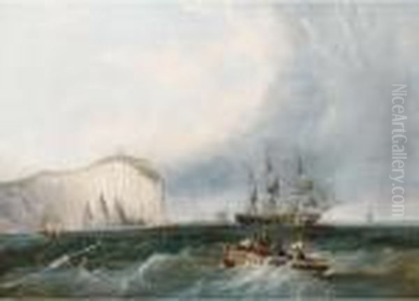 A Frigate Weaving Through Small Craft Off A Lofty Headland Oil Painting by John Wilson Carmichael