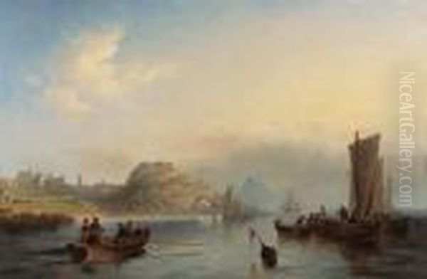 Fishing Boats Off Holy Island, 
Northumberland, With Lindisfarneabbey And Castle In The Distance Oil Painting by John Wilson Carmichael