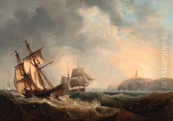 Trading Brigs Passing In The 
Channel Off Flamborough Head; Andshipping Becalmed In The Humber Off 
Spurn Point Oil Painting by John Wilson Carmichael