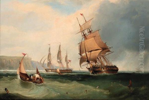 Frigates In An Onshore Breeze Off Flamborough Head Oil Painting by John Wilson Carmichael