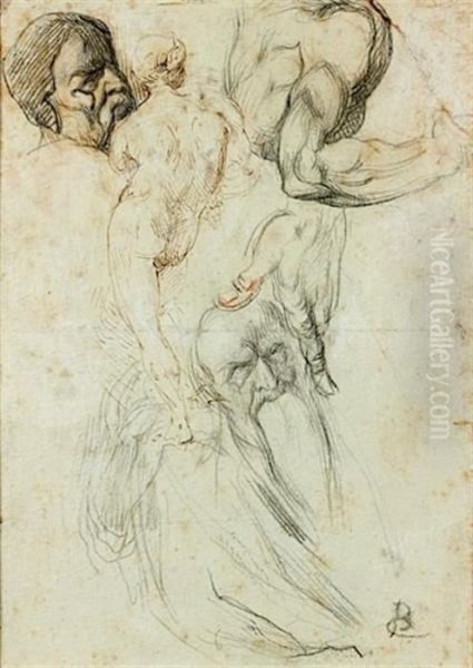 Une Feuille D'etudes : Deux Tetes Oil Painting by Jean-Baptiste Carpeaux