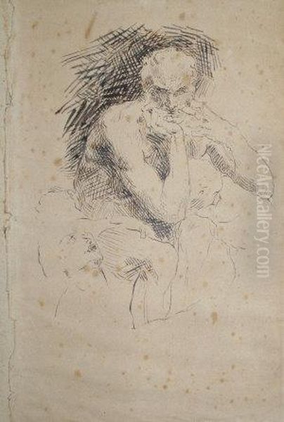 Study Of A Seated Male Nude Oil Painting by Jean-Baptiste Carpeaux