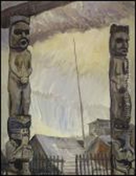 Totems At Indian Village Oil Painting by Emily M. Carr