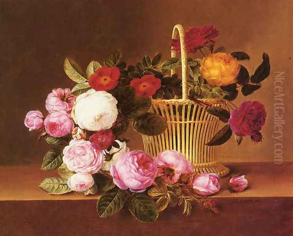 A Basket Of Roses On A Ledge Oil Painting by Johan Laurentz Jensen