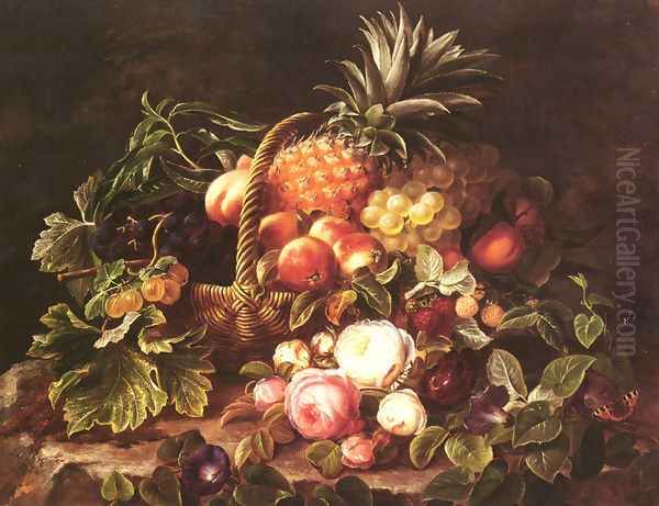 A Still Life Of A Basket Of Fruit And Roses Oil Painting by Johan Laurentz Jensen