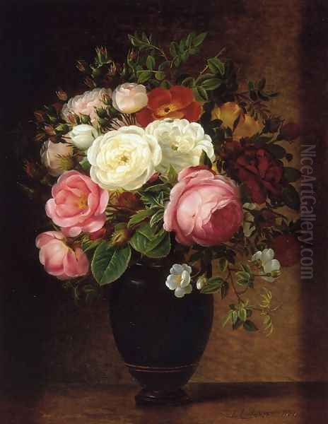 Pink and White Roses in a Black Glaze Amphora on a Brown Marble Ledge Oil Painting by Johan Laurentz Jensen