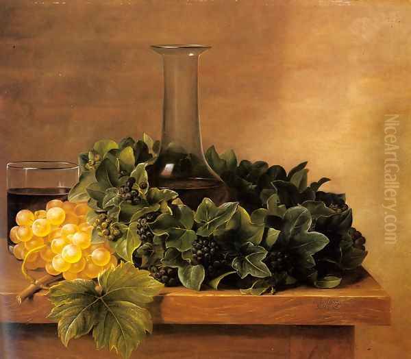 A Still Life with Grapes and Wine on a Table Oil Painting by Johan Laurentz Jensen