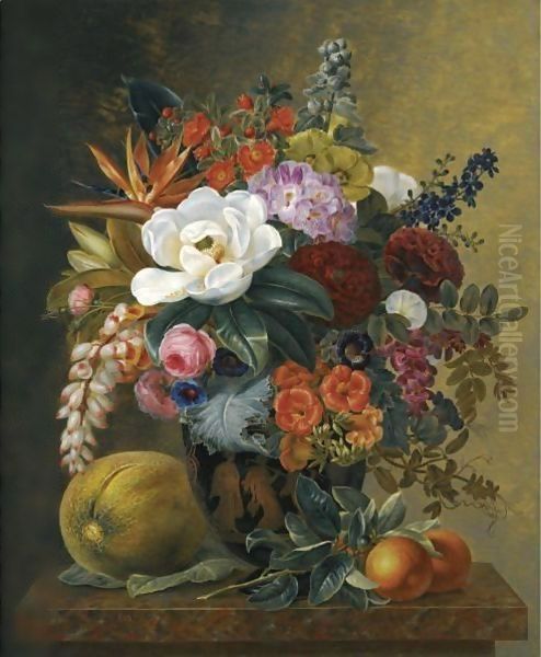 Exotic Blooms in a Grecian Urn with Fruit on a Marble Ledge Oil Painting by Johan Laurentz Jensen