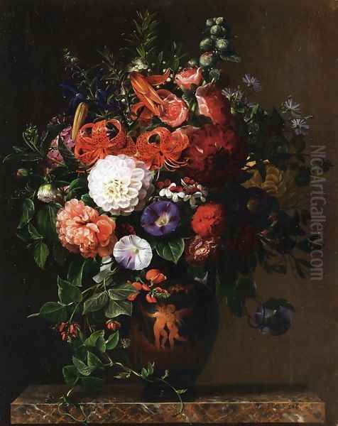 Lilies, Peonies, Violets and Roses in a Greek Figure Vase on a Marble Pedestal Oil Painting by Johan Laurentz Jensen