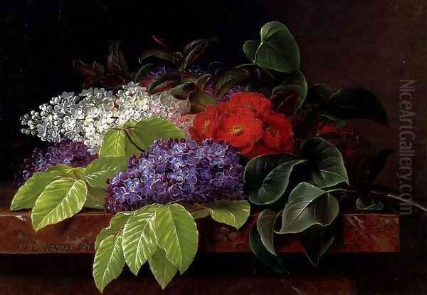 White and purple Lilacs, Camellia and Beech Leaves on a marble Ledge Oil Painting by Johan Laurentz Jensen