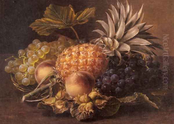 Grapes, a Pineapple, Peaches and Hazelnuts in a Basket Oil Painting by Johan Laurentz Jensen