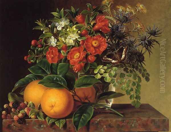 Thistle, Echinops, Myrtle in a Glass Vase with Oranges, Blackberries and a Butterfly no a Brown Marble Ledge Oil Painting by Johan Laurentz Jensen