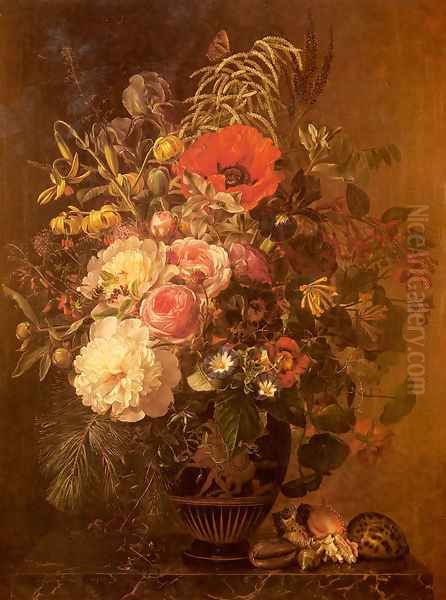 A Still Life with Flowers in a Greek Vase Oil Painting by Johan Laurentz Jensen