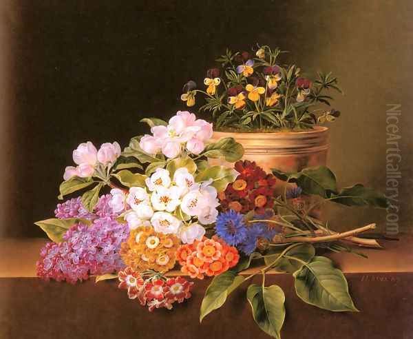 Apple Blossoms, Lilac, Violas, Cornflowers and Primroses on a Ledge Oil Painting by Johan Laurentz Jensen