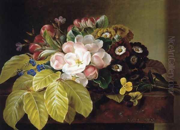 Pansies, Appleblossoms, Gloxinia, Phlox and Primula Auricula on a Brown Marble Ledge Oil Painting by Johan Laurentz Jensen