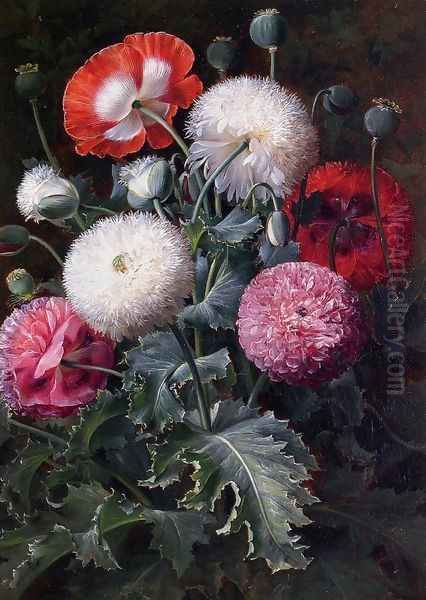 Still Life with Pink, Red and White Poppies Oil Painting by Johan Laurentz Jensen