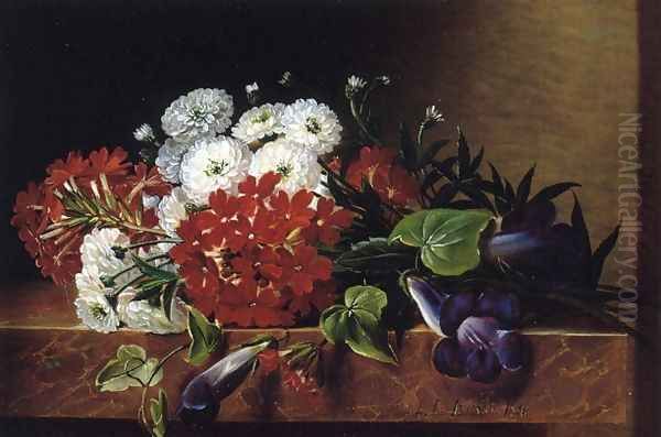 Iris, Dahlia, Pelargonium and Ivy Leaves on a Brown Marble Ledge Oil Painting by Johan Laurentz Jensen