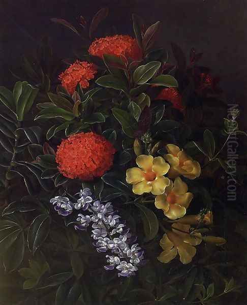 Allemanda, Ixora and Orchids Oil Painting by Johan Laurentz Jensen