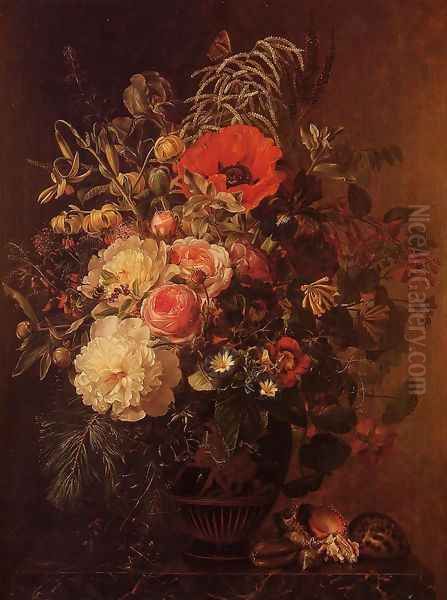 Still Life with Flowers in a Greek Vase Oil Painting by Johan Laurentz Jensen