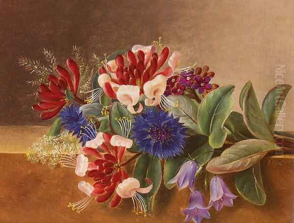 A Still Life with Honeysuckle, Blue Cornflowers and Bluebells on a Marble Ledge Oil Painting by Johan Laurentz Jensen