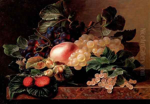 Grapes, Strawberries, a Peach, Hazelnuts and Berries in a Bowl on a marble Ledge Oil Painting by Johan Laurentz Jensen