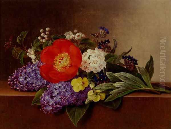 Lilacs, Violets, Pansies, Hawthorn Cuttings, And Peonies On A Marble Ledge Oil Painting by Johan Laurentz Jensen