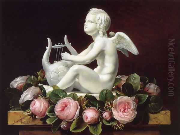 Garland of Pink Roses around 'Cupid Playing a Lyre' on a Brown Marble Ledge Oil Painting by Johan Laurentz Jensen