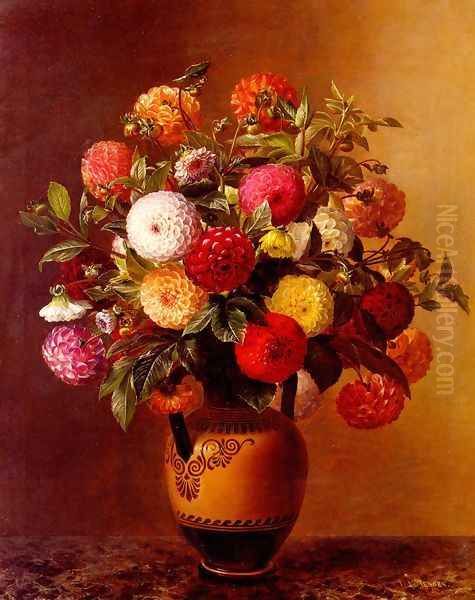 Still Life of Dahlias in a Vase Oil Painting by Johan Laurentz Jensen