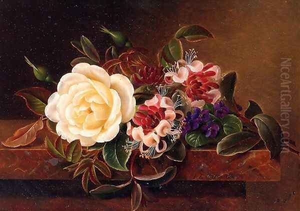 Still Life with a Rose and Violets on a Marble Ledge Oil Painting by Johan Laurentz Jensen