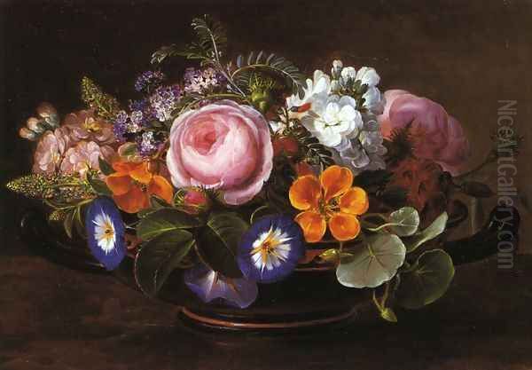 Still Life with Pink Peonies and Morning Glories Oil Painting by Johan Laurentz Jensen