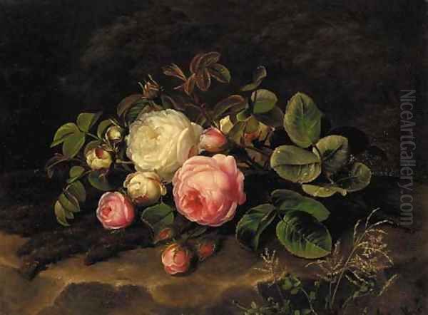 Pink and white roses on a mossy rock Oil Painting by Johan Laurentz Jensen