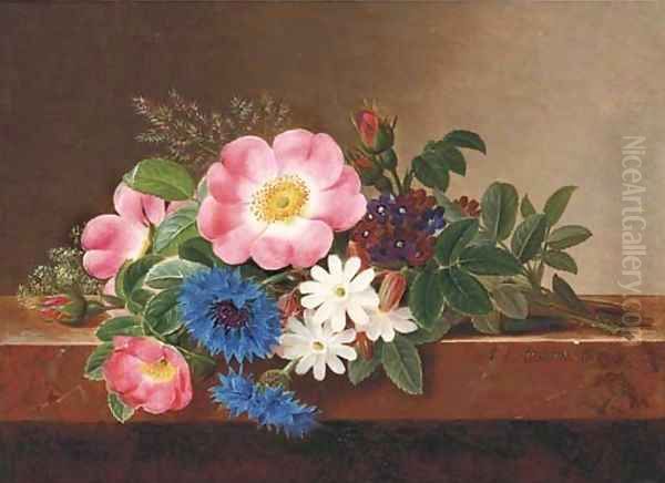 Summer flowers on a marble ledge Oil Painting by Johan Laurentz Jensen