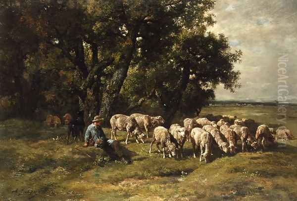 A Shepherd with His Flock Oil Painting by Charles Emile Jacque