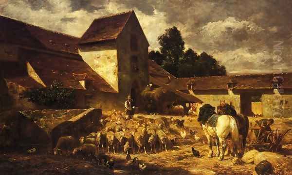 A Farmyard Oil Painting by Charles Emile Jacque