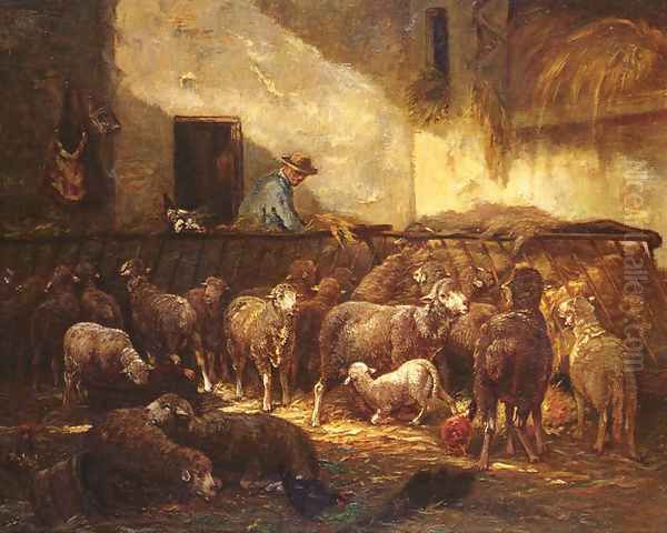 A Flock Of Sheep In A Barn Oil Painting by Charles Emile Jacque