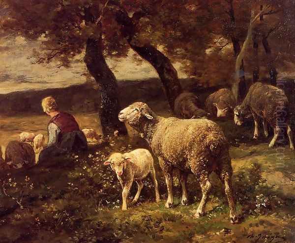 Shepherdess and Sheep Oil Painting by Charles Emile Jacque