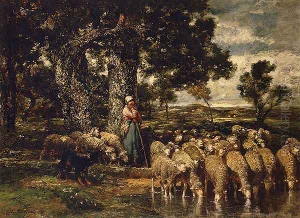 A Shepherdess with Her Flock Oil Painting by Charles Emile Jacque