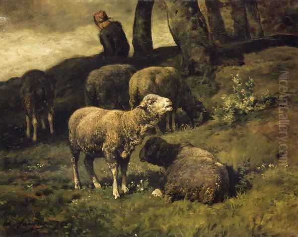 Grazing Sheep with a Sheperdhess Beyond Oil Painting by Charles Emile Jacque