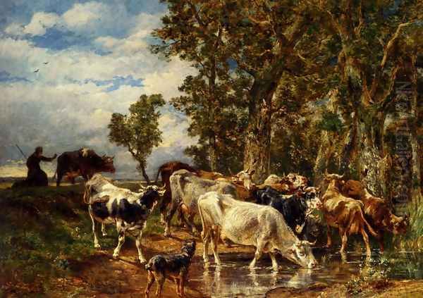 Troupeau De Vaches A L'Abreuvoir Oil Painting by Charles Emile Jacque