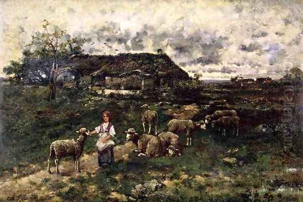 A Shepherdess and Her Flock Oil Painting by Charles Emile Jacque