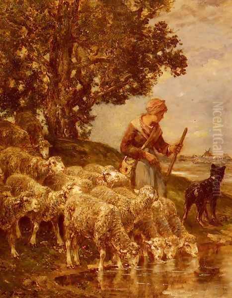 A Shepherdess Watering Her Flock Oil Painting by Charles Emile Jacque