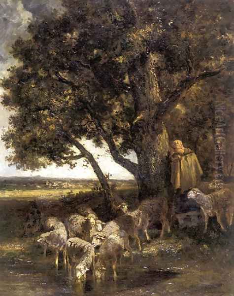 A Shepherdess with Her Flock by a Pool Oil Painting by Charles Emile Jacque